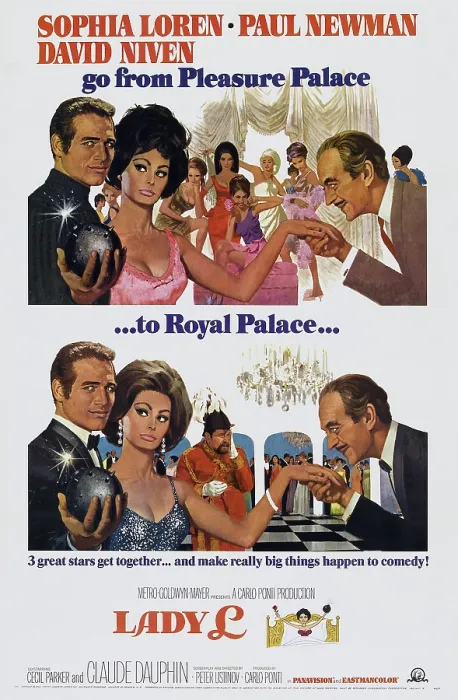 Framed Print : LADY L, US poster art, from left: Paul Newman, Sophia Loren, David Niven, 1966