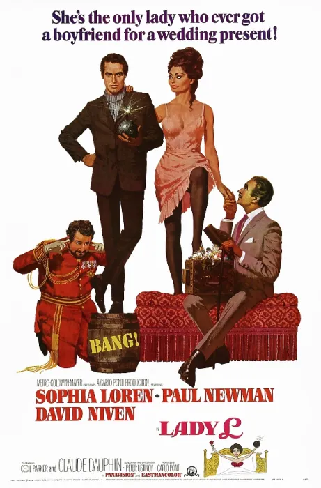 Framed Print : LADY L, US poster art, from left: Peter Ustinov, Paul Newman, Sophia Loren, David Niven, 1965