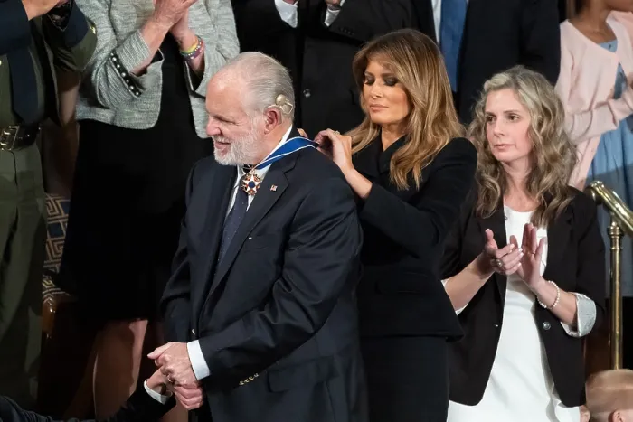 Framed Print : Lady Melania Trump presents the Presidential Medal of Freedom to conservative broadcaster Rush Limbaugh. His wife Kathryn Adams Limbaugh looks