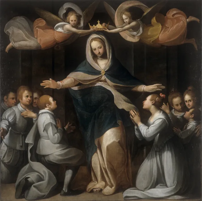 Framed Print : Our Lady of Mercy with the Patients of the Orphanage of Exposed (Madonna della Misericordia con i ricoverati del brefotrofio degli esposti), by Benedetto Marini, ca