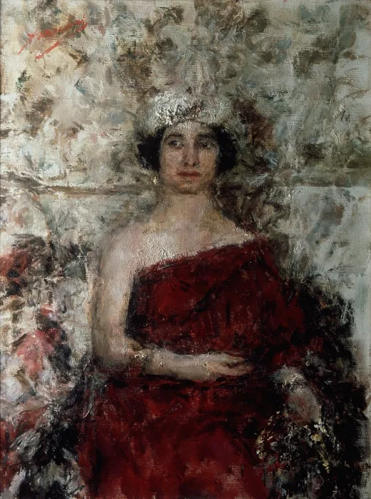 Framed Print : Lady in red with a turban (Signora in rosso con turbante), by Antonio Mancini, 1927, 20th Century, oil on canvas, 100 x 75 cm - Private collection. Whole artwork view