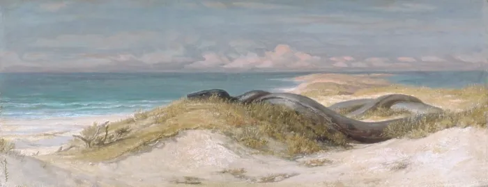 Framed Print : LAIR OF THE SEA SERPENT, by Elihu Vedder, 1899, American painting, oil on canvas. Monstrously huge snake on a shore side sand dune by the Symbolist painter (BSLOC_2017_11_104)