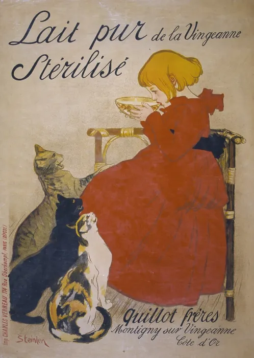 Framed Print : Lait Pur Sterilise De La Vingeanne, girl drinking milk from a bowl with cats begging, by Theophile Alexandre Steinlen, Paris, France, 1895