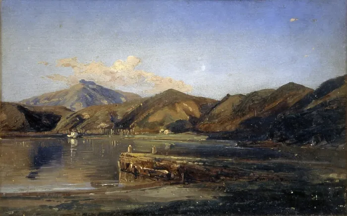 Framed Print : Lake Averno of Lucrino, by Giacinto Gigante, 1824, 19th Century, oil on framed paper - Italy, Campania, Naples, Saint Martin Museum and Certosa. Whole artwork view