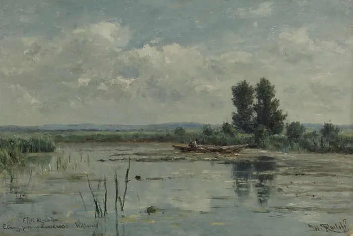 Framed Print : Lake near Loosdrecht, by Willem Roelofs 1st, 1887, Dutch painting, oil on canvas. Morning light landscape with sky reflected on the water of a lake. (BSLOC_2016_1_160)