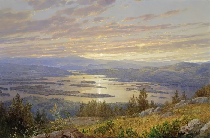 Framed Print : LAKE SQUAM FROM REDHILL, by William Trost Richards, 1874, American watercolor painting