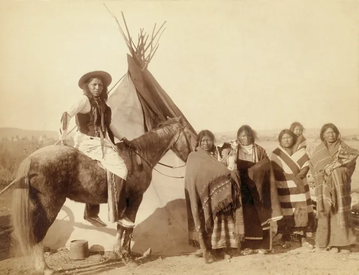 Framed Print : Lakota women, three with babies infants in cradleboards, and a Lakota man on horseback. Photo taken on Pine Ridge Reservation after the Wounded Knee Massacre