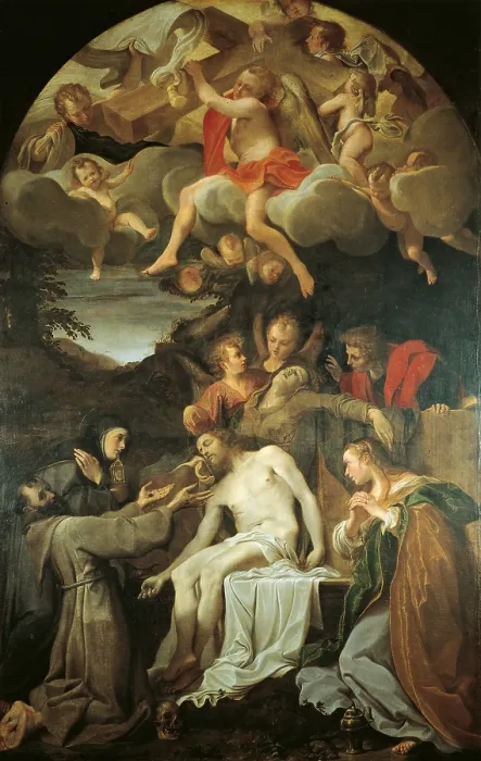 Framed Print : Lamentation of Christ with Saints (Deposition with the Virgin and Sts Clare, Francis, Mary Magdalene and John), by Annibale Carracci, 1585, 16th Century, oil on canvas
