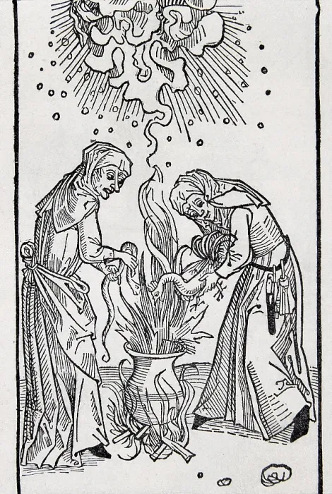 Framed Print : De Lamiis et Pythonicis Mulieribus (Of Witches and Diviner Women, 1508). Work by Ulrich Molitor printed in Augsburg (Germany). Xylography