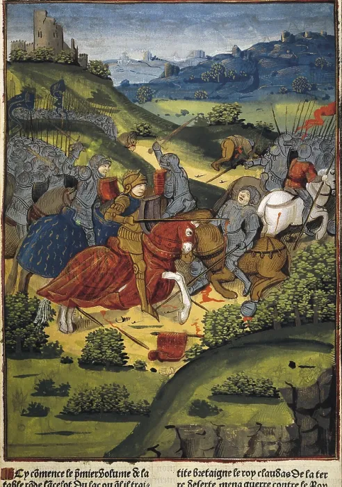 Framed Print : Lancelot in a battle. Illustration of 'Lancelot du Lac' by Antoine Verard (1494). Gothic art. Miniature Painting. FRANCE. Paris. National Library