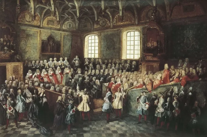 Framed Print : Lancret, Nicolas (1690-1743). Bed of Justice Held in the Parliament at the Majority of Louis XV, 22nd February. ca. 1723. Oil on canvas. FRANCE. Paris. Louvre Museum
