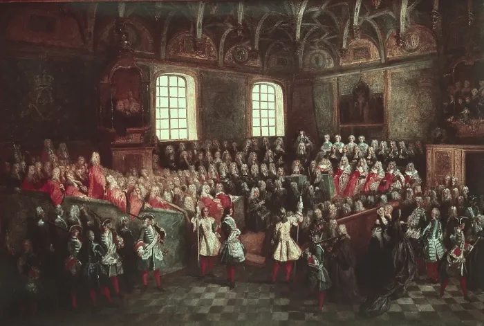 Framed Print : Lancret, Nicolas (1690-1743). Bed of Justice Held in the Parliament at the Majority of Louis XV, 22nd February. ca. 1723. Oil on canvas. FRANCE. Paris. Louvre Museum Framed Print : Lancret, Nicolas (1690-1743). Bed of Justice Held in the Parliament at the Majority of Louis XV, 22nd February. ca. 1723. Oil on canvas. FRANCE. Paris. Louvre Museum