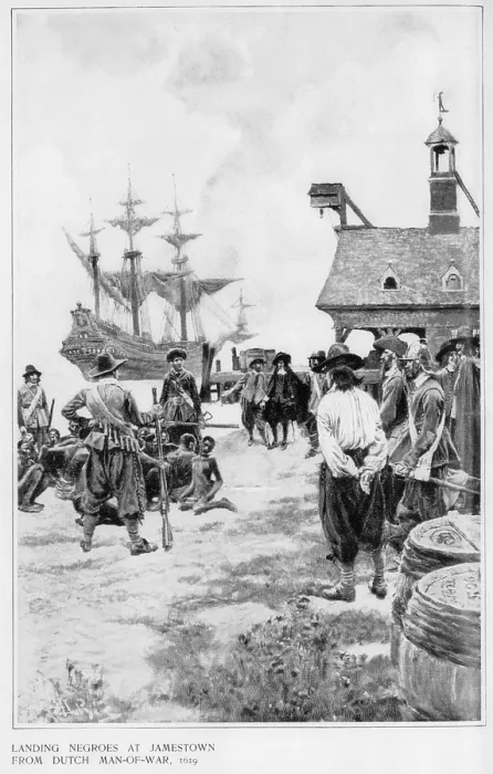 Framed Print : Landing of 20 African captives at Jamestown from Dutch man-of-war, 1619 Framed Print : Landing of 20 African captives at Jamestown from Dutch man-of-war, 1619