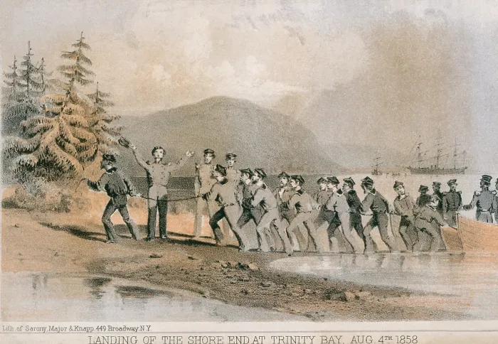 Framed Print : Landing of the first Atlantic telegraph cable at Trinity Bay, Newfoundland on August 4, 1858. The cable ran under the ocean to the Valentia Island, in western Ireland