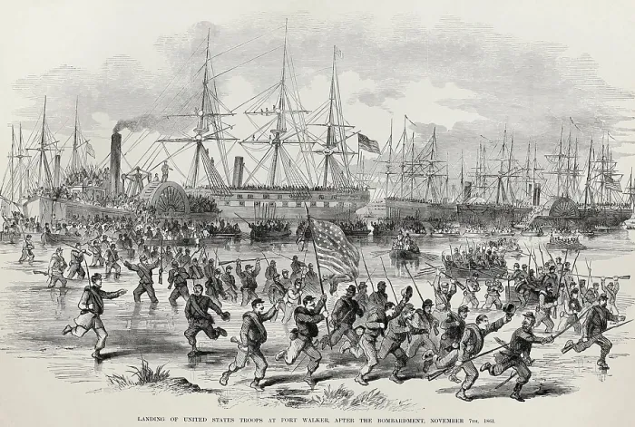 Framed Print : Landing of US Troops at Fort Walker, Port Royal Harbor, SC, Nov. 7, 1861