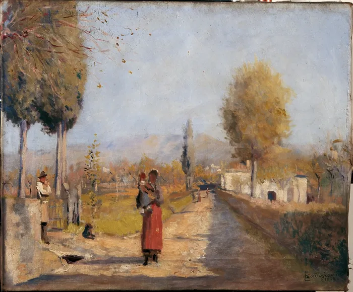 Framed Print : Landscape (A Road in Mugello), by Eduardo Gordigiani, 1889, 19th Century, cm 40 x 50 - Italy, Lazio, Rome, private collection. All