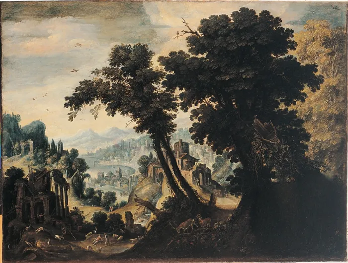 Framed Print : Landscape, by Anonymous artist, 17th Century, oil on canvas, cm 90 x 120 - Italy, Lombardy, Milan, Archbishopric. All. Sky trees birds houses view landscape Framed Print : Landscape, by Anonymous artist, 17th Century, oil on canvas, cm 90 x 120 - Italy, Lombardy, Milan, Archbishopric. All. Sky trees birds houses view landscape