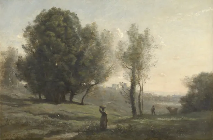 Framed Print : Landscape, by Camille Corot, c. 1872, French painting, oil on canvas. Scene in Les Landes, south of Bordeaux, France. Peasant walks in foreground toward a distant city