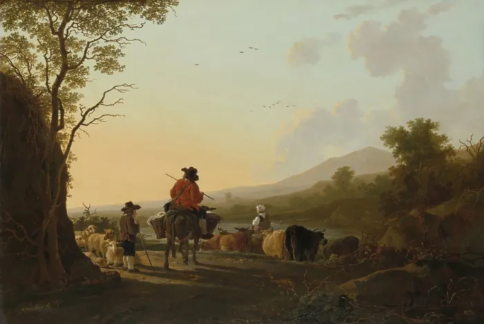 Framed Print : Landscape with Cattle Driver and Shepherd, by Jacob van Strij, 1780-85, Dutch painting, oil on panel. Italian landscape with a drover on a mule with his wife and a herd of cows