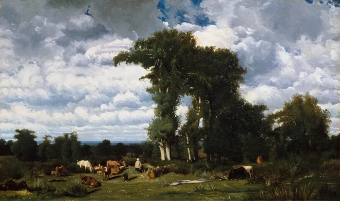 Framed Print : LANDSCAPE WITH CATTLE AT LIMOUSIN, by Jules Dupre, 1837, French painting, oil on canvas. Tall trees stand high against a bright cloud filled sky