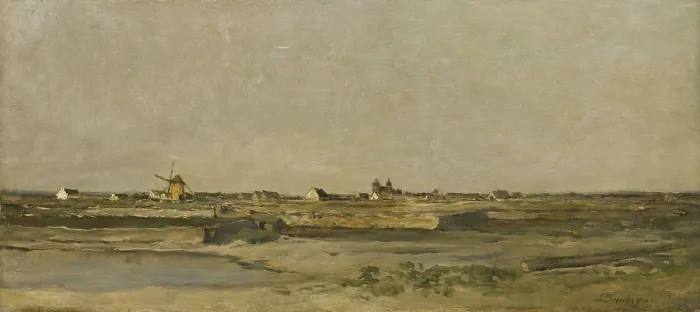 Framed Print : Landscape, by Charles François Daubigny, 1840-78, French painting, oil on panel. Flat coastal plain with a windmill and distant village. (BSLOC_2016_1_158) Framed Print : Landscape, by Charles François Daubigny, 1840-78, French painting, oil on panel. Flat coastal plain with a windmill and distant village. (BSLOC_2016_1_158)