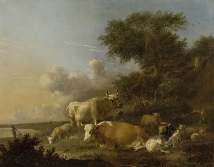 Framed Print : Landscape with Cows, by Albert Klomp, 1640-88, Dutch painting, oil on canvas. Animals include sheep and goats