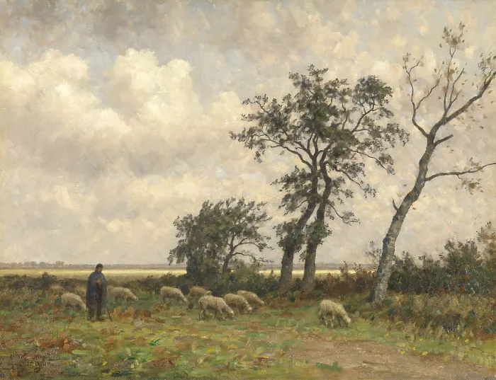 Framed Print : Landscape in Drenthe, by Alphonse Stengelin, 1875-1910, Dutch painting, oil on canvas. A shepherd with a flock of sheep with a view to distant horizon. (BSLOC_2016_1_306)