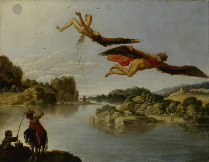 Framed Print : Landscape with Fall of Icarus (Paesaggio con caduta di Icaro), by Carlo Saraceni, 1606-1607, 17th Century, oil on copper, 34 x 54 cm - Italy, Campania, Napoli