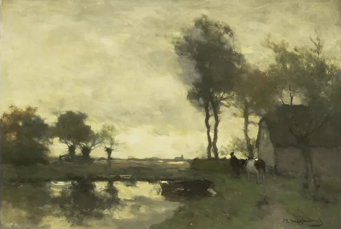 Framed Print : Landscape with Farm with a Pond, by Johan Hendrik Weissenbruch, 1870-1903, Dutch oil painting on canvas. A farmer leads a cow beside pond with row boat. (BSLOC_2016_1_189) Framed Print : Landscape with Farm with a Pond, by Johan Hendrik Weissenbruch, 1870-1903, Dutch oil painting on canvas. A farmer leads a cow beside pond with row boat. (BSLOC_2016_1_189)