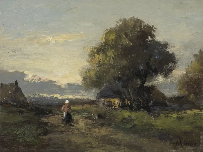 Framed Print : Landscape with Farmhouses, by Jan van der Linde, c. 1905-45, Dutch painting, oil on panel. A woman walks on a country road in a landscape with a farmhouse among trees