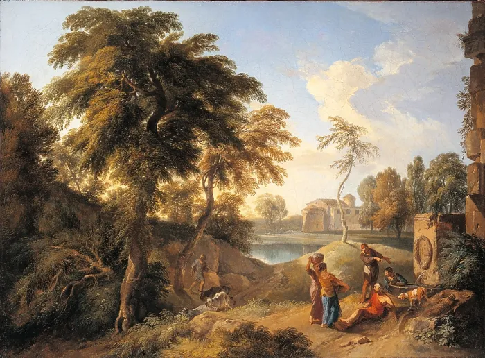 Framed Print : Landscape with Figures, by Andrea Locatelli, 1720 - 1729 about, 18th Century, oil on canvas, cm 54 x 70 - Italy, Lombardy, Milan, Archbishopric. All
