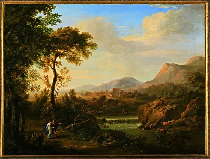 Framed Print : Landscape with Two Figures, by Gaetano Tambroni, 1808, 19th Century, oil on canvas, 74, 5 99, 5 cm - Italy, Lombardy, Milan, Brera Collection. Whole artwork view