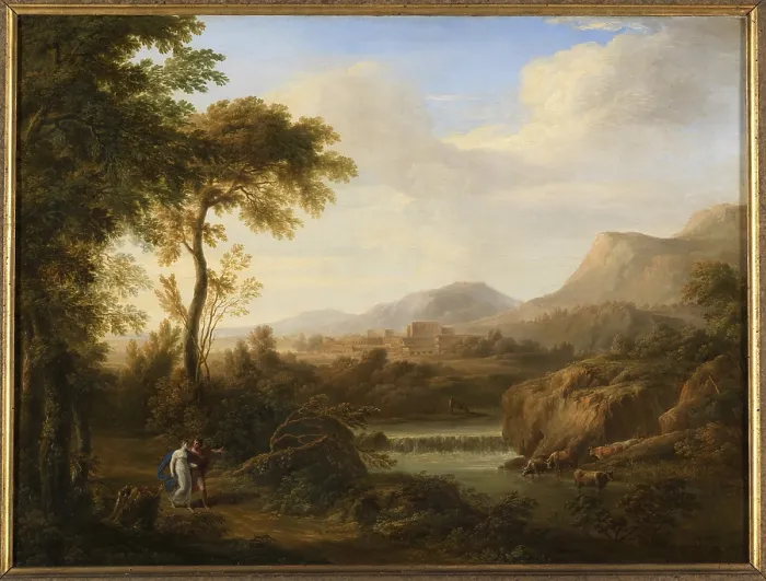 Framed Print : Landscape with two figures, by Gaetano Tambroni, 1808, 19th Century, oil on canvas, 75 x 99, 5 cm - Italy, Lombardy, Milan, Brera Collection. Whole artwork view
