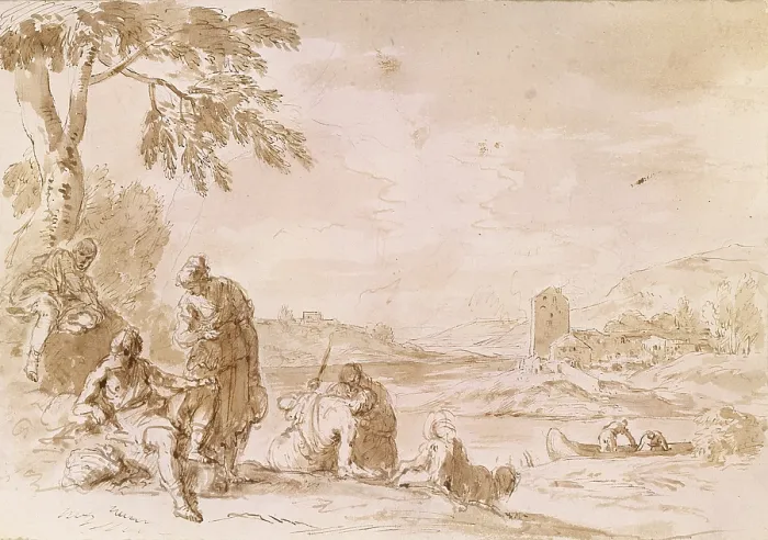 Framed Print : Landscape with Figures, by Sebastiano Ricci, 1729, 18th Century, pen, shaded watercolor on white paper, 1729, 18th - Italy, Veneto, Venice, Academy Gallery. Whole artwork view
