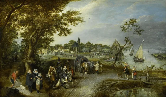 Framed Print : Landscape with Figures and a Village Fair, by Adriaen van de Venne, 1615, Dutch oil painting