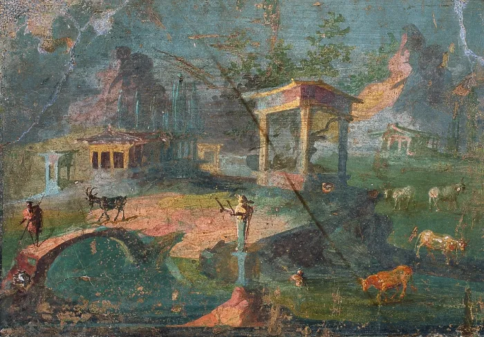 Framed Print : Landscape with Herding Flock, by unknown artist, 50-79, 1st Century A.D. ripped fresco, 28 x 38 cm - Italy, Campania, Naples, National Archaeological Museum, Room LXXIV, inv Framed Print : Landscape with Herding Flock, by unknown artist, 50-79, 1st Century A.D. ripped fresco, 28 x 38 cm - Italy, Campania, Naples, National Archaeological Museum, Room LXXIV, inv