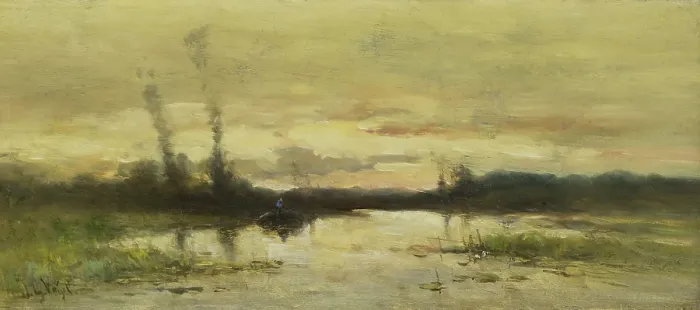 Framed Print : Landscape at Hilversum, by Johannes Gijsbert Vogel, 1880-1915, Dutch painting, oil on canvas. Marsh with a boat near sunset or sunrise. (BSLOC_2016_1_191) Framed Print : Landscape at Hilversum, by Johannes Gijsbert Vogel, 1880-1915, Dutch painting, oil on canvas. Marsh with a boat near sunset or sunrise. (BSLOC_2016_1_191)