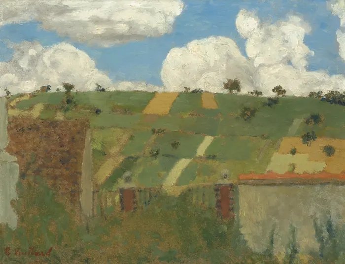 Framed Print : Landscape of the Ile-de-France, by Edouard Vuillard, 1894, French painting, oil on cardboard. This stylized landscape is from Vuillard's Nabis paintings of the 1890s