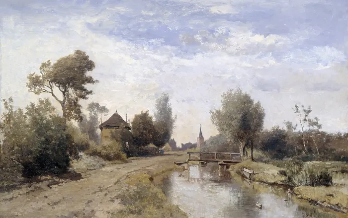 Framed Print : Landscape at Kortenhoef, by Paul Joseph Constantin Gabriel, 1877, Dutch painting, oil on panel. View along a narrow canal with a wooden bridge. (BSLOC_2016_1_184) Framed Print : Landscape at Kortenhoef, by Paul Joseph Constantin Gabriel, 1877, Dutch painting, oil on panel. View along a narrow canal with a wooden bridge. (BSLOC_2016_1_184)