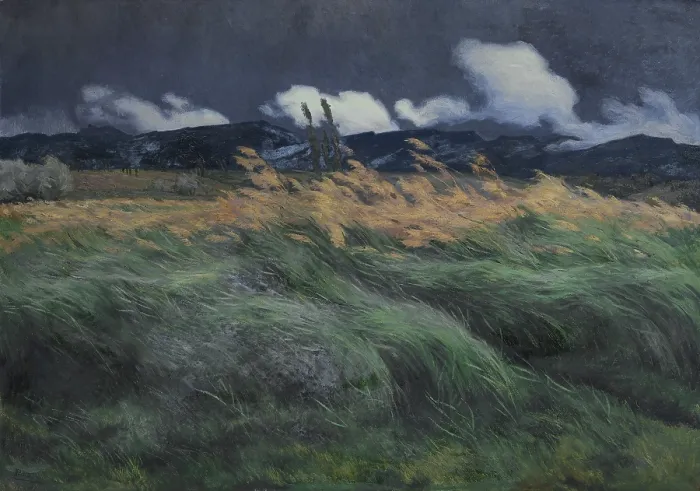 Framed Print : Landscape, by Louis Patru, 1895-1905, Swiss painting, oil on canvas. Landscape with windblown grass and grain with a low mountain range in the distance. (BSLOC_2016_1_201) Framed Print : Landscape, by Louis Patru, 1895-1905, Swiss painting, oil on canvas. Landscape with windblown grass and grain with a low mountain range in the distance. (BSLOC_2016_1_201)