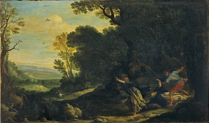 Framed Print : Landscape with Martyrdom of Saint Peter from Verona, by Unknown Artist from the workshop of Paul Brill, 16th Century, oil on canvas - Italy, Lombardy, Brera Collection