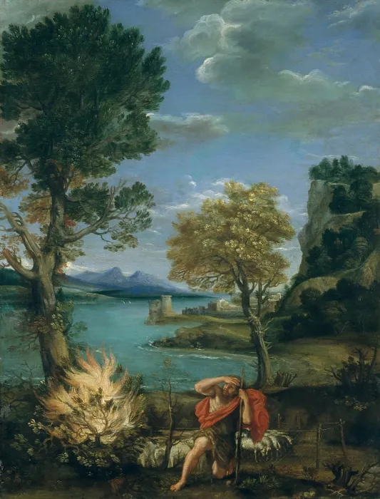 Framed Print : LANDSCAPE WITH MOSES AND THE BURNING BUSH, by Domenichino, 1610-16, Italian painting, oil on copper. Moses as a shepherd, shielding his eyes from the glare of the burning bush