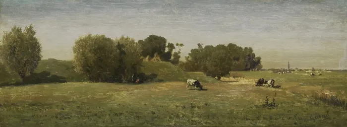 Framed Print : Landscape near Abcoude, Paul Joseph Constantin Gabriel, 1860-70, Dutch painting, oil on panel. Cows in pasture near ancient ramparts with church spire in distant village