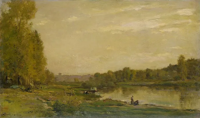 Framed Print : Landscape on the Oise, by Charles Francois Daubigny, 1872, French painting, oil on panel, There are small figures on the river bank and a moored boat. (BSLOC_2016_1_155)