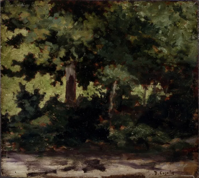 Framed Print : Landscape (Paesaggio), by Demetrio Cosola, 1885 - 1895, 19th Century, oil on board - Private collection. Whole artwork view. Wooded landscape with trees, leaves and trunks
