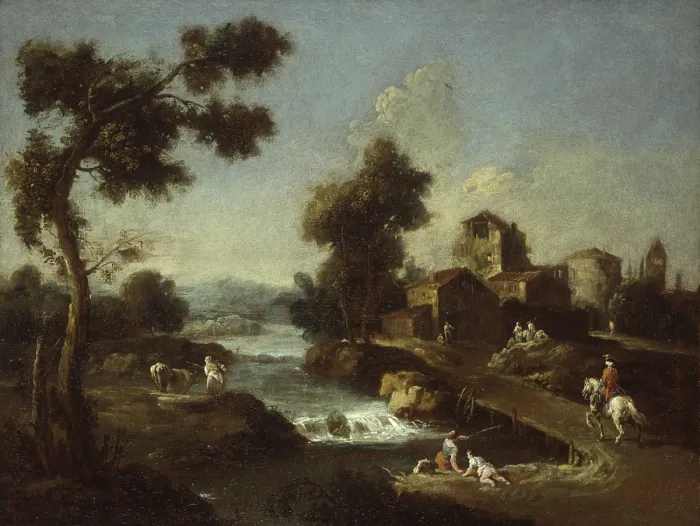 Framed Print : Landscape with Road, Cottages and Man Riding, by Giuseppe Zais, 1760 - 1770, 18th Century, oil on canvas - Italy, Lombardy, Milan, Castello Sforzesco Framed Print : Landscape with Road, Cottages and Man Riding, by Giuseppe Zais, 1760 - 1770, 18th Century, oil on canvas - Italy, Lombardy, Milan, Castello Sforzesco