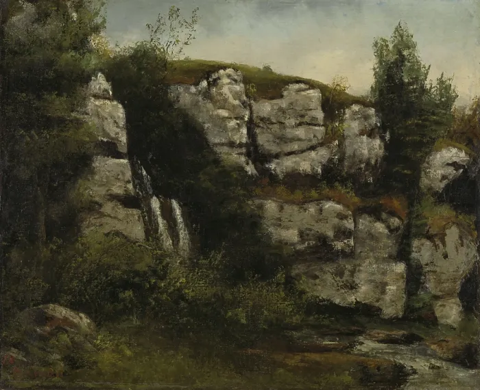 Framed Print : Landscape with Rocky Cliffs and a Waterfall, by Gustave Courbet, 1872, French painting, oil on canvas. Cliffs in the Jura Mountains near Rousseau's native Ornans Framed Print : Landscape with Rocky Cliffs and a Waterfall, by Gustave Courbet, 1872, French painting, oil on canvas. Cliffs in the Jura Mountains near Rousseau's native Ornans