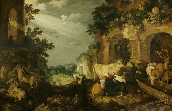Framed Print : Landscape with Ruins, Cattle and Deer, by Roelant Savery, 1614-20, oil on panel. A buck and doe are at a watering trough with cattle. At left is a group of donkey's