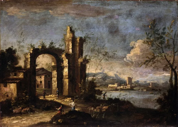 Framed Print : Landscape with Ruins and Country House, by Unknown Artista from Veneto, 1750, 18th Century, oil on canvas - Italy, Lombardy, Milan, Castello Sforzesco