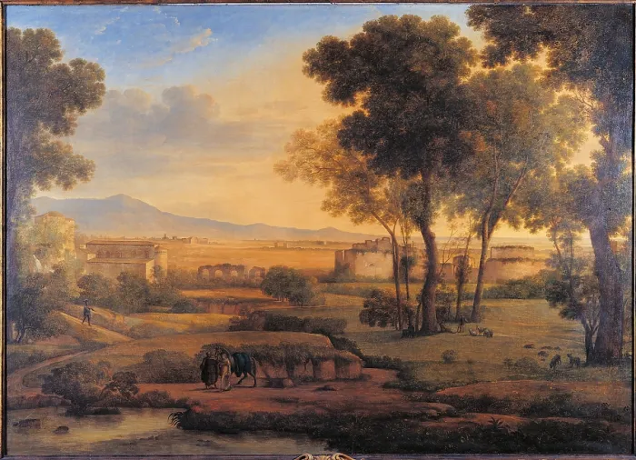 Framed Print : Landscape with Ruins and Pilgrims, by Rosa Mezzera, 1810, 19th Century, oil on canvas, cm 100 x 133 - Italy, Lombardy, Milan, Brera Academy of Fine Art Collections
